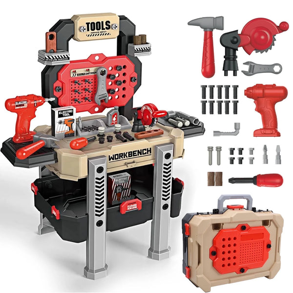 JoyStone 2 in 1 Kids Tool Bench Set, Pretend Play Tool Bench for Kids with Tools, Electric Drill and Transformable Tool Set, Learning Gift for Boys & Girls Age 3-5, Red