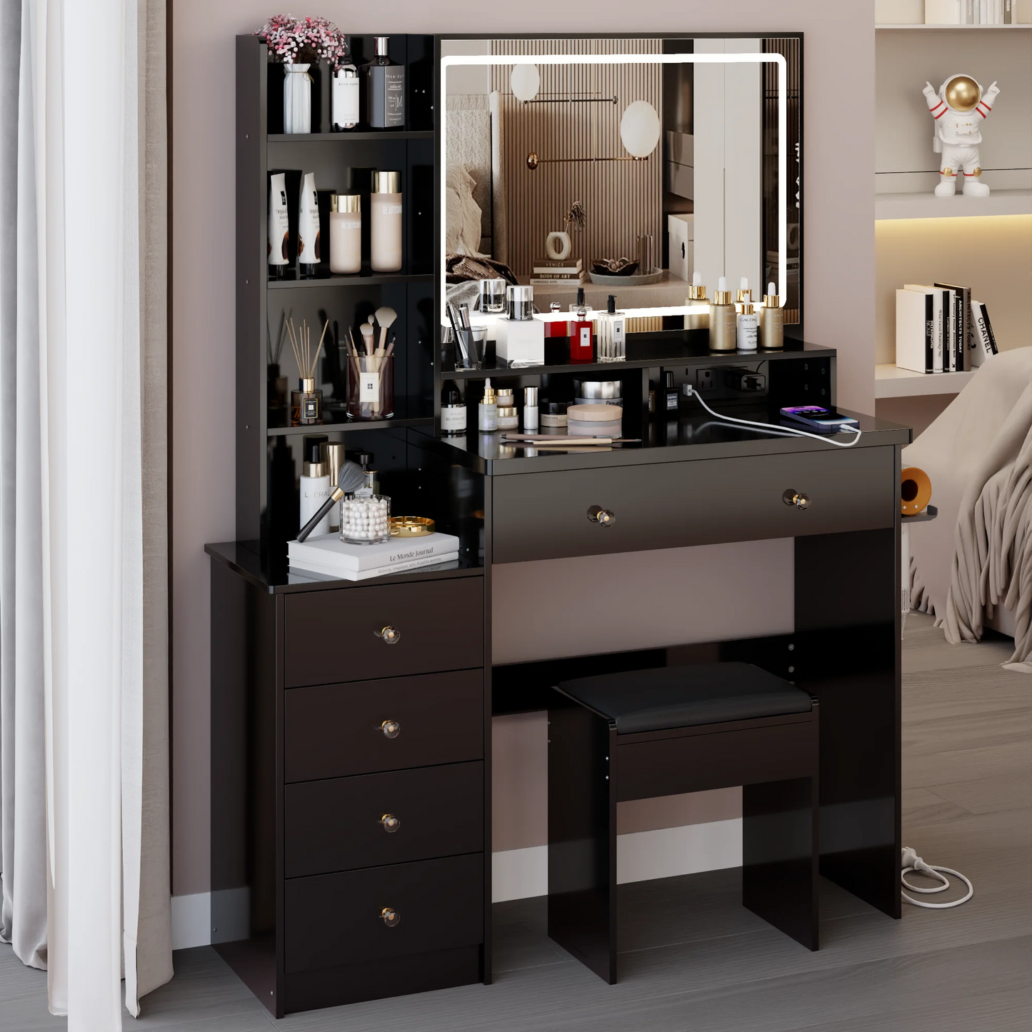 Vanity Set with Mirror and Lights, Modern 41" Lighted Makeup Vanity Table Set with Charging Station, Vanity Desk with Chair Set for Girls, Dressing Table with Drawers for Bedroom, Black