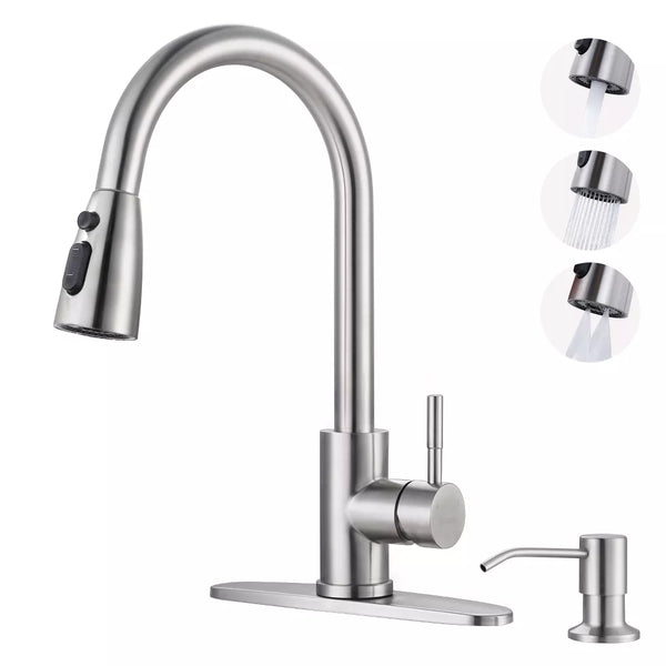 WOWOW Classic Single Handle Pull-Down Sprayer Kitchen Faucet with Soap Dispenser