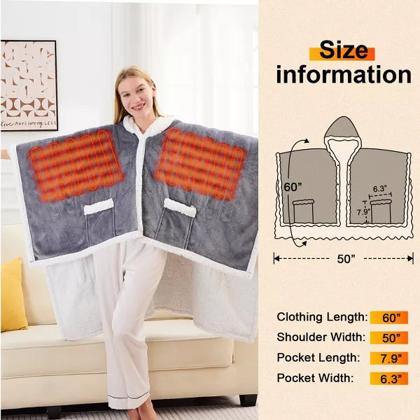 Inhand Wearable Heated Throw Blanket Shawl - 50"x60" Flannel Electric Robe Blanket Hoodie for Winter 5-Position Timer 10 Heating Levels