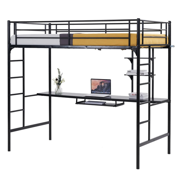 Ktaxon Twin Loft Bed with Desk, Metal Bunk Bed Frame with Shelf for Small Space, Black