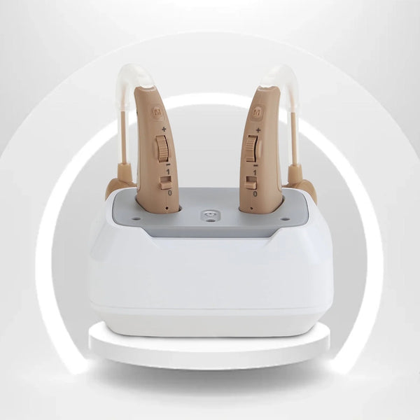 ELCTRTICI Rechargeable Hearing Aids for Adults - Adjustable Volume with Slide Control, 4 Noise Reduction Modes, 20H Long-Lasting Battery & Portable Charging Dock, Comfort Fit Beige Hearing Aids