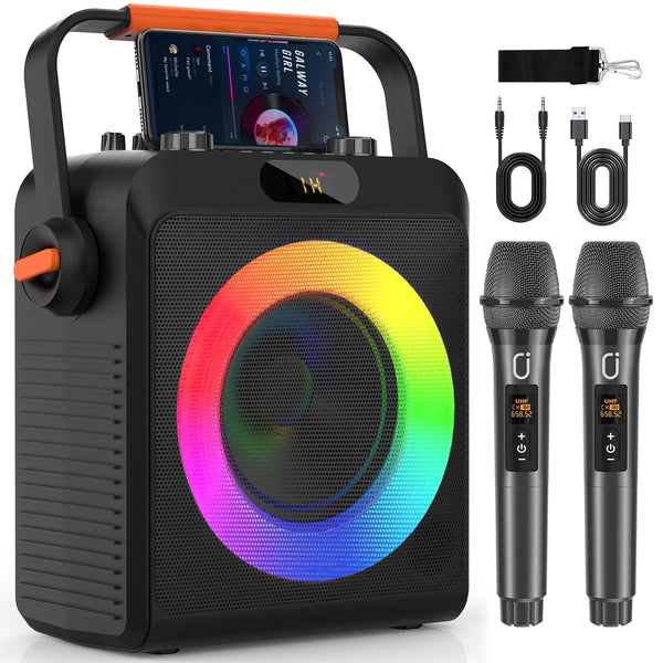 FanFun Bluetooth Speaker, 20W Stereo Sound Party Speaker with DJ Lights, Powerful Deep Bass Outdoor Speaker with 2 Microphones, Portable Speaker with Hands, Shoulder Straps