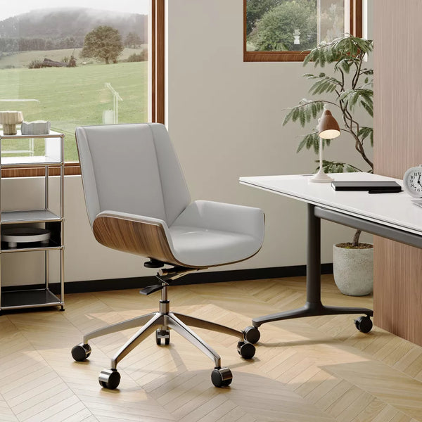 Tree City- Mid-Century Modern Swivel Office Chair with Walnut Bent Wood Back and Faux Leather Seat – Adjustable Height & Rolling Base