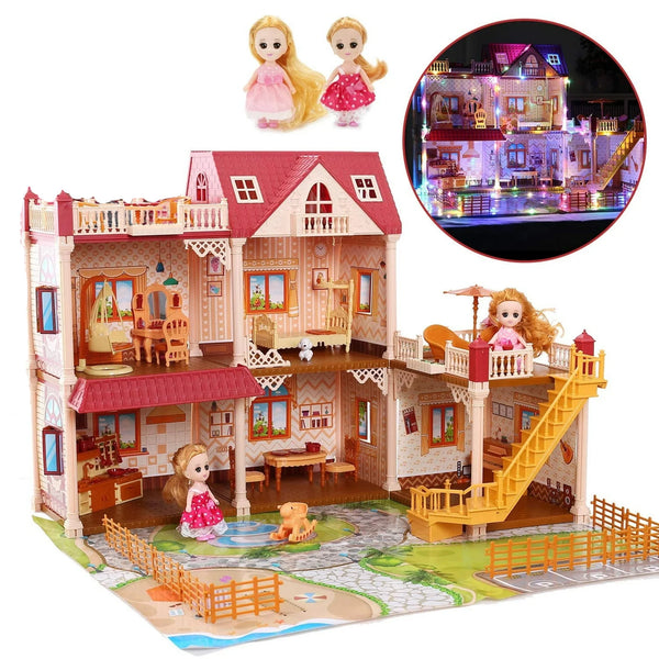 JoyStone 5 Rooms DollHouse, Huge Dollhouse Playset with LED Lights, Dolls, Furnitures, Accessories with Play Mat DIY Pretend Play Toys Gifts for Kids