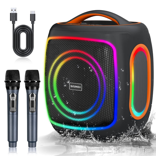 Seenda Karaoke Machine with 2 Wireless Microphones, Bluetooth, Double 6.5  1.5 Tweeter Speakers, IPX5 Waterproof, and RGB Lights – Portable PA System for Indoor  Outdoor Parties