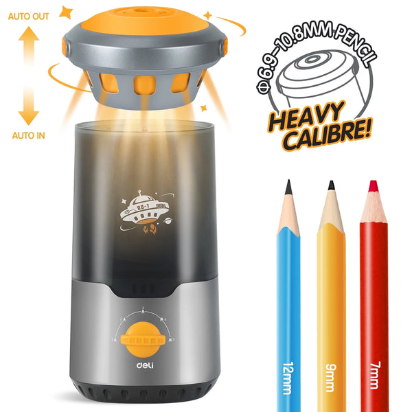 Deli Electric Pencil Sharpener, Fully Automatic Auto in & Out, Rechargeable Hands-Free Pencil Sharpener for 6.9-10.8mm, Home, Classroom, Battery Operate, Spaceship Styling