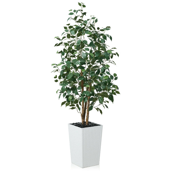 DR.Planzen Artificial Ficus Tree 5ft - UV Protected Faux Ficus Plant with Adjustable Branches and Realistic Green Leaves for Indoor  Outdoor Decor, White Large Planter with River Rocks