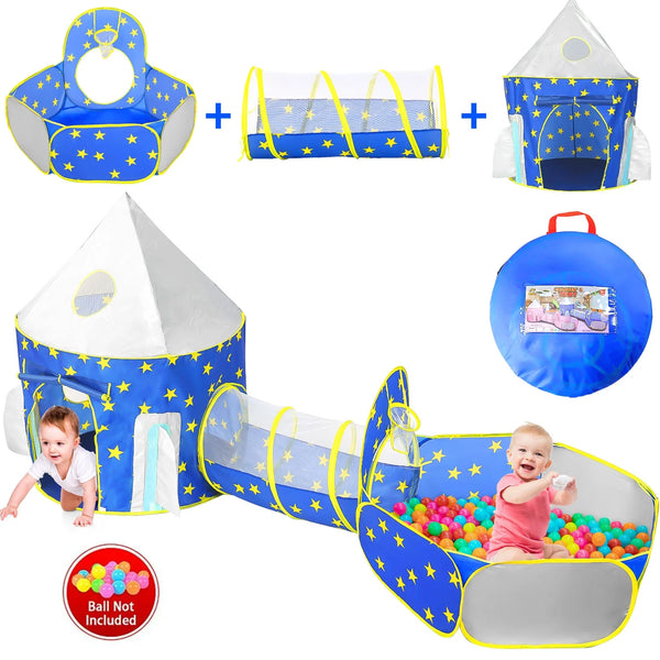 JoyStone 3pc Toddler Pop up Kids Play Tent with Tunnel and Ball Pit for Boys, Girls and Toddlers, Indoor& Outdoor Play House, Perfect Kid's Gifts(Blue)