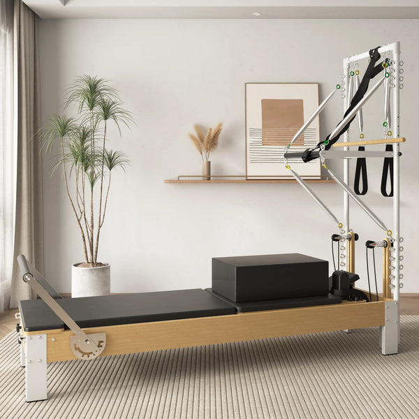 SYEDEE Pilates Reformer, Wooden Pilates Reformer Machine with Tower & Mat, Pilates Equipment for Home Workout and Studio, with Reformer Accessories, Sitting Box, Jump Board