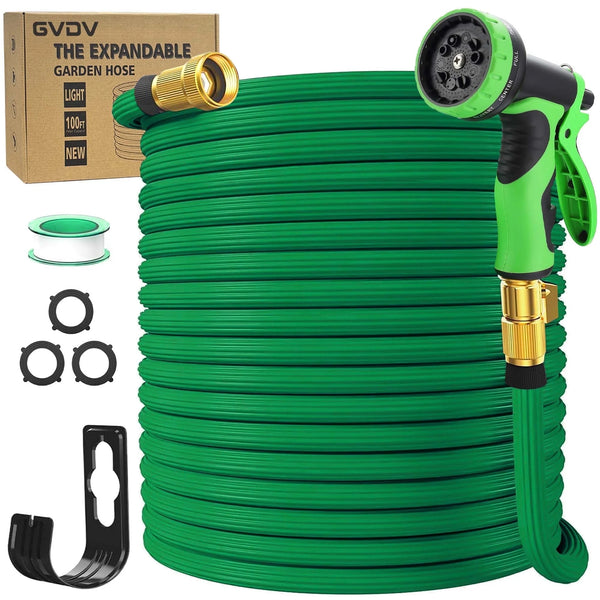 GVDV 100ft Garden Hose, Expandable Water Hose with 10 Function Spray Nozzle, Leak-Proof, No-Kink