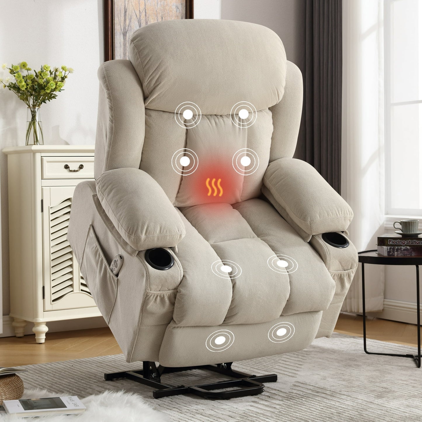 Segmart Electric Power Lift Recliner Chair, Heavy Duty Classic Fabric Sofa Chair for Elderly, Ergonomic Lounge Single Sofa with Plush Extended Arms and Remote Control, 3 Positions, Beige