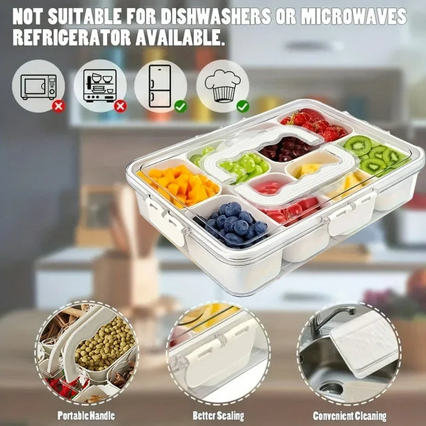 Snackle Box Container, 8 Compartment Divided Serving Tray with Lid and Handle, Portable Snack Tray and Serving Platter for Party, Picnic, Perfect for Fruit, Candy and Treats