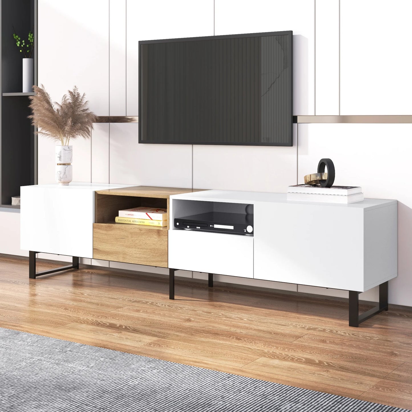 PORKISS TV Stand for 80 Inch TV, Modern Farmhouse TV Stand with 2 Cabinets and Open Storage Compartment, Home Entertainment Center, Wood+White