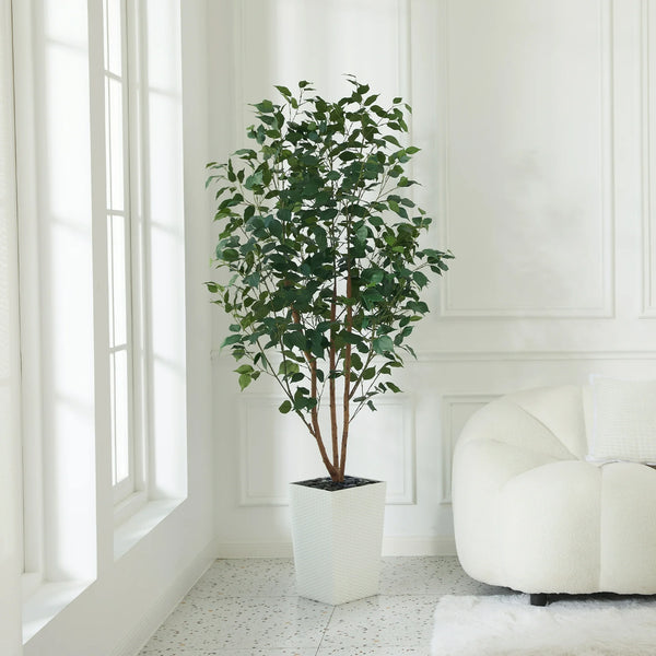 DR.Planzen 6FT Artificial Ficus Tree with White Tall Planter, Realistic Silk UV-Resistant Leaves  Natural Wood Trunk for Home Office Decor, Tall Indoor Outdoor Faux Plant Low Maintenance House Decor