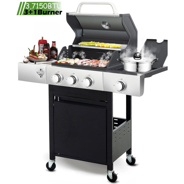 Seizeen Powerful Gas Grill with Side Burner, 37,000BTU 3 Burner Propane Grill w/Brush, Stainless Steel Outdoor BBQ for Backyard Patio