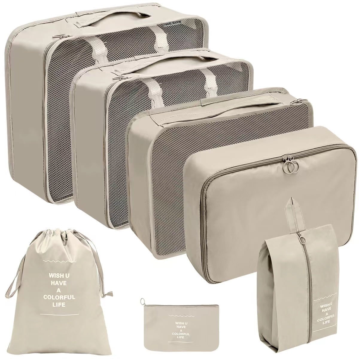 OKAKA 7 Set Packing Cubes Luggage Organizer Bags Lightweight Breathable for Travel Accessories,Beige