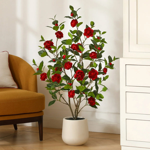 4ft Artificial Red Camellia Tree with 9 inch White Planter, Tall Fake Camellia Trees with Red Flowers, Faux Camellia Silk Plants for Indoor, Large Plants for Home Decor