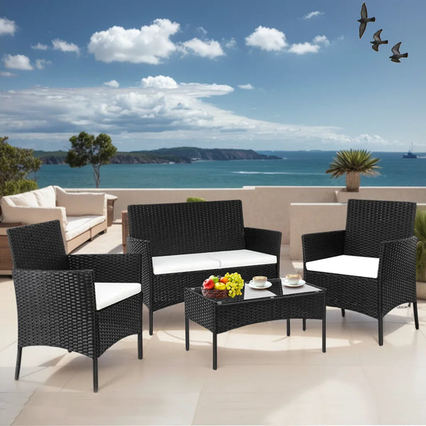 Outdoor Patio Conversation Set, Segmart 4 Pieces Rattan Sofa Set Cushioned Sofa & Charis, Deck Porch Poolside Furniture Table Set for 4, Black