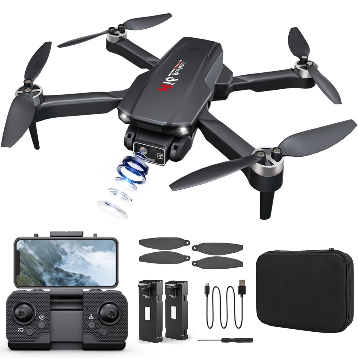BEEPRINCESS H16 Drone with Camera for Adults 4K, Foldable Drone for Beginners with Brushless Motor, Optical Flow Positioning, with 2 Batteries and Carrying Case