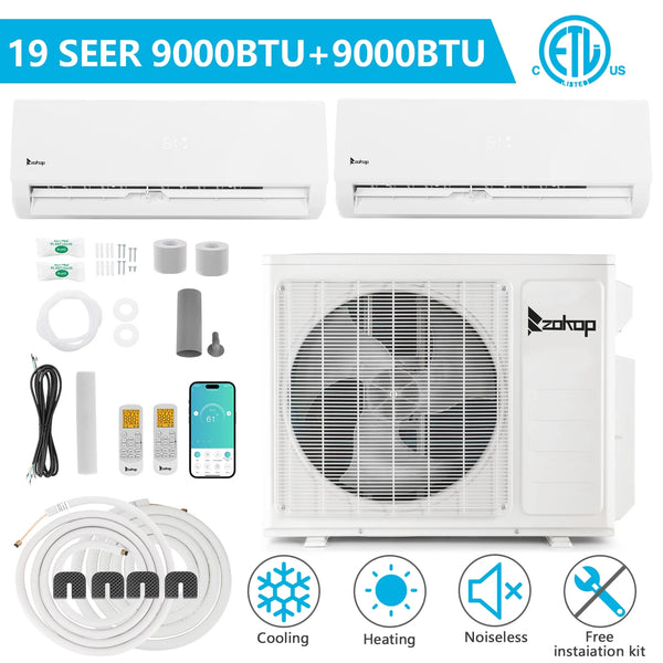 Ktaxon 2 Zone 9000 + 9000 BTU WIFI Mini Split AC/Heating System, 19 SEER2 Dual Zone 18000 BTU Ductless Split Air Conditioner with Pre-Charged Condenser, Heat Pump & 25Ft Installation Kit, 208-230V