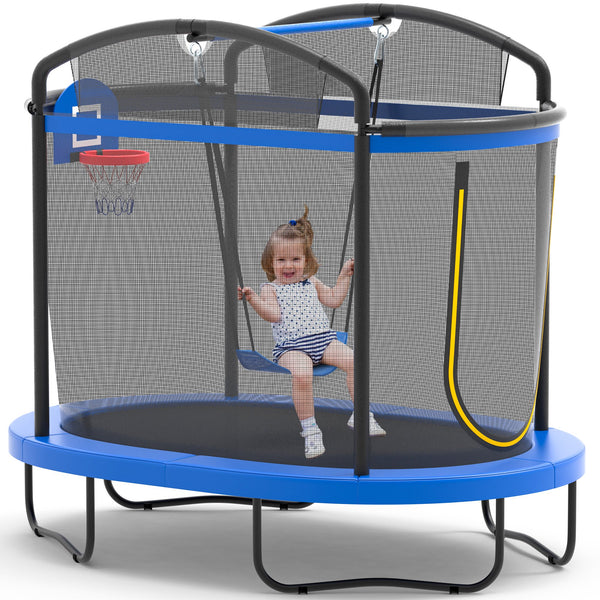 Trampoline for Kids with Enclosure Net, 6Ft Tollder Trampoline with Basketball Hoop for Indoor/Outdoor, Rebounder Trampoline with No-Gap Safe Design for Backyard Garden, Birthday Gifts for Boys/Girls