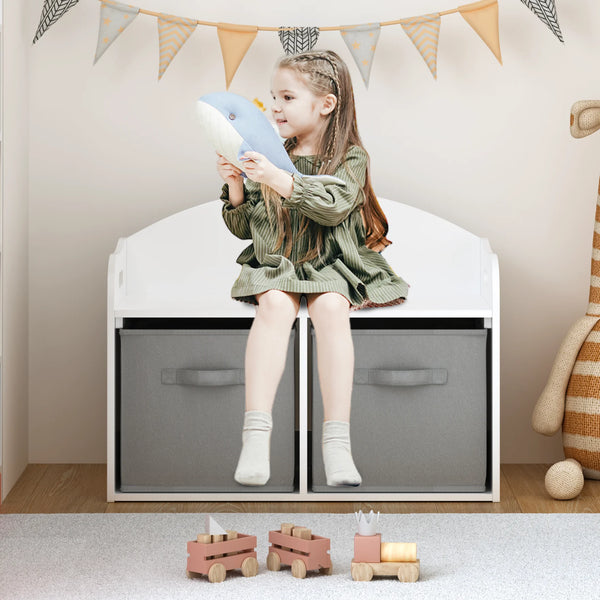 Kids Toy Box, Seizeen Toy Chest with Foldable Fabric Drawer for Boys&Girls, Toy Bench, Multi-functional Storage Cabinet with Bench, White&Gray