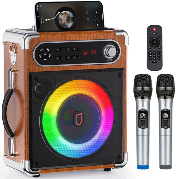 FanFun Bluetooth Speaker with Lights, 12H Playing Time Portable Speaker with Subwoofer/Tweeter, PA System Speaker with Two Wireless Microphones for Home Party, Brown