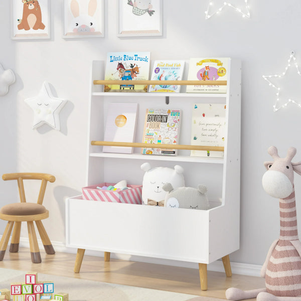 PORKISS Bookshelf for Kids, Wooden Kids Bookcase with Toy Storage Cabinet and 2 Shelves, Freestanding Bookshelf Organizer for Bedroom, Playroom, White
