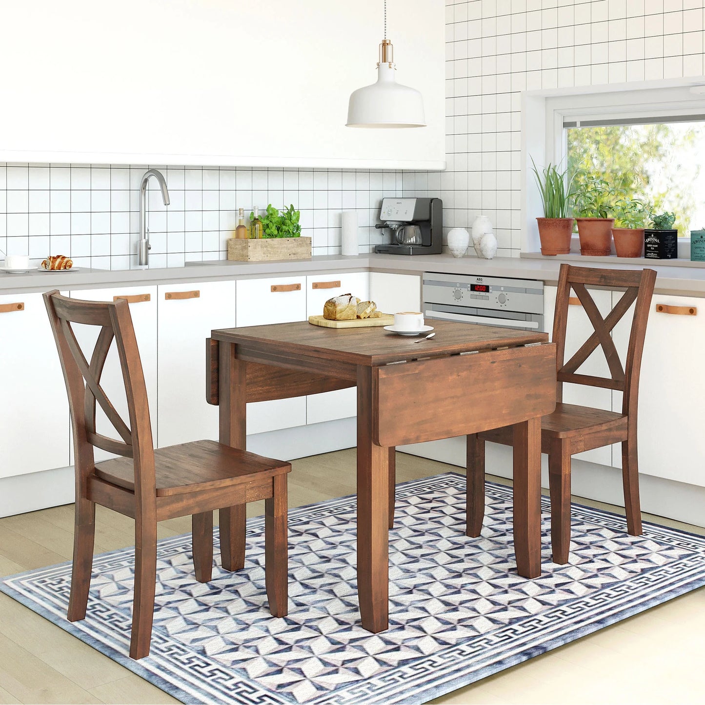 PAPROOS 3 Piece Dining Table Set, Wood Drop Leaf Dining Table and 2 X-back Chairs Set, Modern Drop Leaf Dining Table Set for Dining Room Breakfast Nook, Space Saving Kitchen Dinette Set for 2, Brown