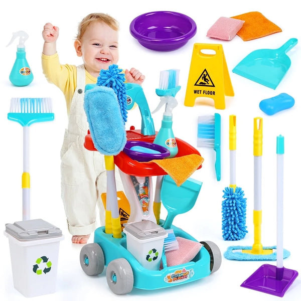 JoyStone Kids Cleaning Set Toys, 22PCS Pretend Play Housekeeping Supplies Kit Complete Includes Sweeping Broom, Mop, Duster, Dustpan, Brush, Rag, Housekeeping Cart Toys Gift for Kids