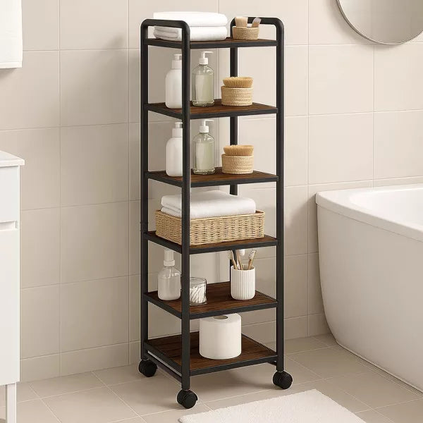 Hooseng 6-Tier Wood Rolling Storage Shelves, Adjustable Tall Bathroom & Kitchen Organizer with Wheels for Office, Laundry Room