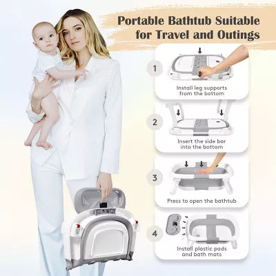 BabyBond Collapsible Baby Bathtub for Infant to Toddler, Portable Baby Bath Tub with Soft Cushion & Thermometer, Gray