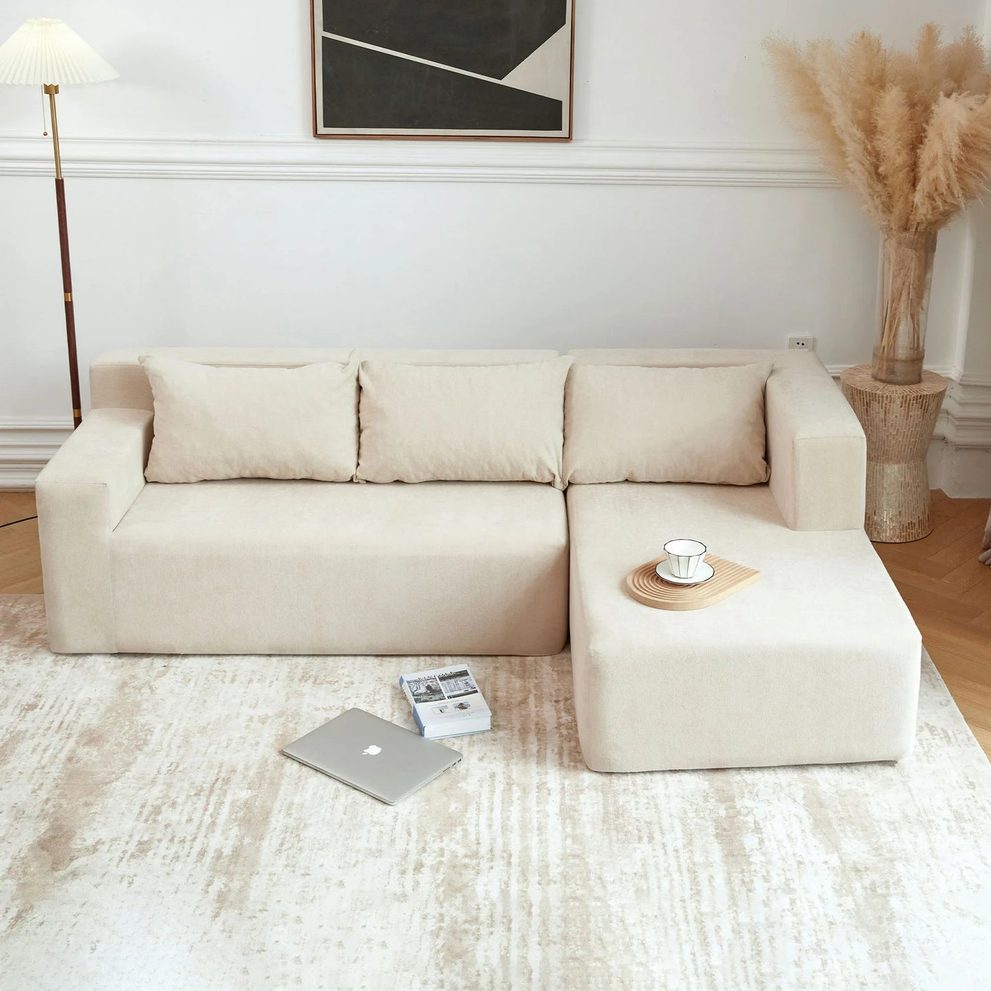PAPROOS Compressed L-Shape Sectional Sofa Couch with Pillows, Modern Polyester 3 Seater Convertible Upholstered Couches for Living Room, Apartment, No Assembly Required, Beige