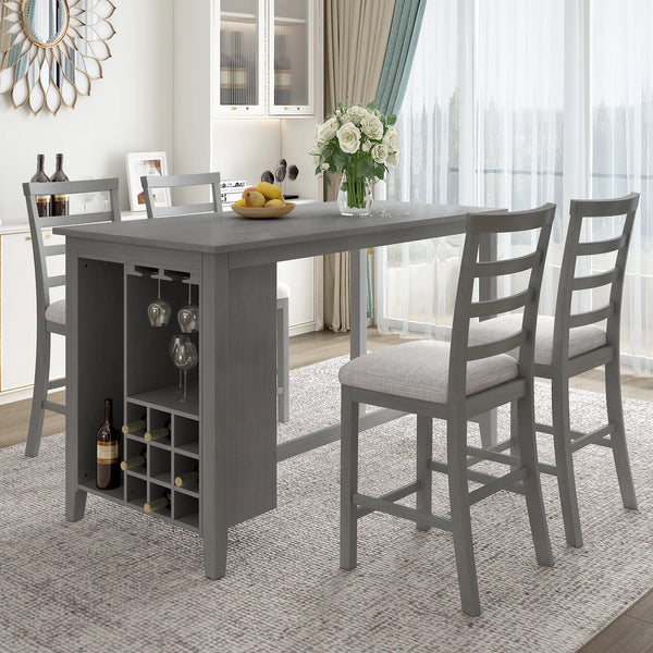 EUROCO 5-Piece Dining Table Set for 4, 59.6" Counter Height Kitchen Table Set with 4 Upholstered Chairs,Integrated 9 Bar Wine Compartment and Wineglass Holders for Dining Room and Kitchen,Gray