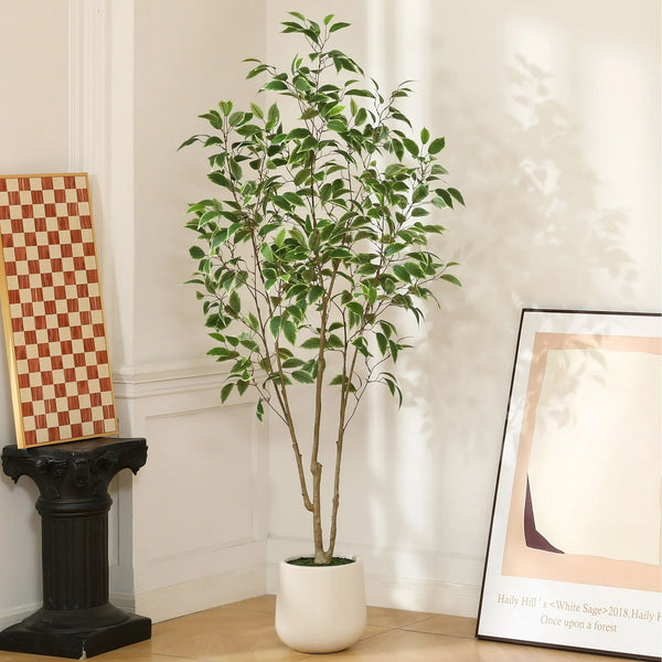 6ft Fake Ficus Tree with Oval White Planter, Pre Potted Faux Greenry Plant for Home Decor Office House Living Room Indoor Outdoor, Big Fake Plants Fake House Plants