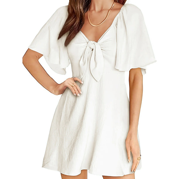 UVN Summer Dresses for Women Short Sleeve V Neck Midi Dress Elegant Bow Tie Beach Sundress