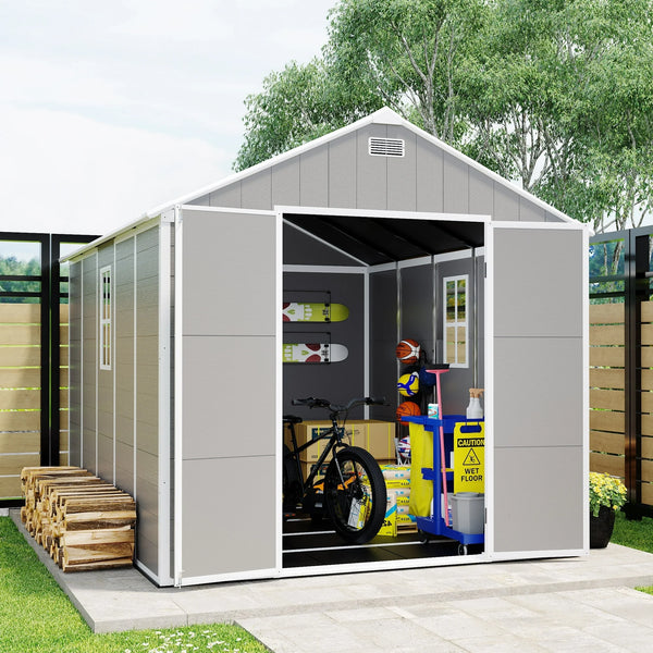 Seizeen Resin Shed, Outdoor Storage Shed 7.5x10.3FT Extra Large, Outside Garden Shed for Lawn Mover Bike Tool, w/Double Doors, Air Vents, Double Windows, PP Floor
