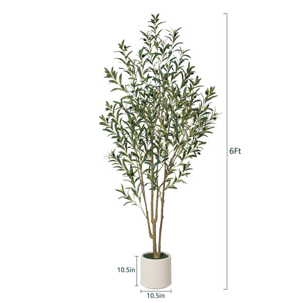 Artificial Olive Trees Indoor, 6FT Tall Faux Olive Tree with White Tall Planter, Artificial Plants with Muti Trunk and Lifelike Fruits for Home Office Decor