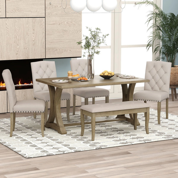 EUROCO 60" 6-Piece Dining Table Set,Dining Room Set with Table,Bench and 4 Cushioned Chairs,Solid Wood Rectangular Table and Chair Set, Kitchen Table Set