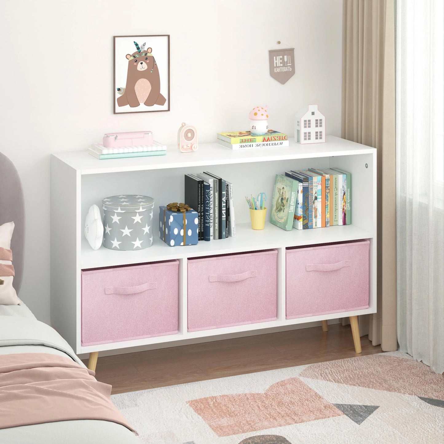 PORKISS Kids Bookshelf, Wood Bookshelf for Kids with Collapsible Fabric Drawers, Freestanding Kids Bookcase, Modern Toy Storage Organizer for Children's Room, Living Room, White/Pink