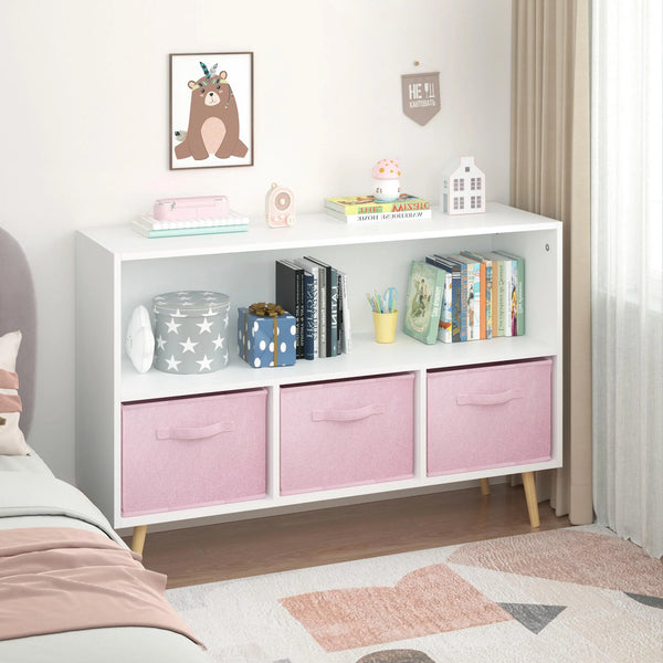 PORKISS Kids Bookshelf, Wood Bookshelf for Kids with Collapsible Fabric Drawers, Freestanding Kids Bookcase, Modern Toy Storage Organizer for Children's Room, Living Room, White/Pink