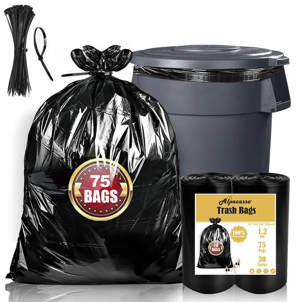 30-33 Gallon Trash Bags (75 Cout) ,32"x39" Black Garbage Bags ,Garbage Can Liners with Tying Ropes