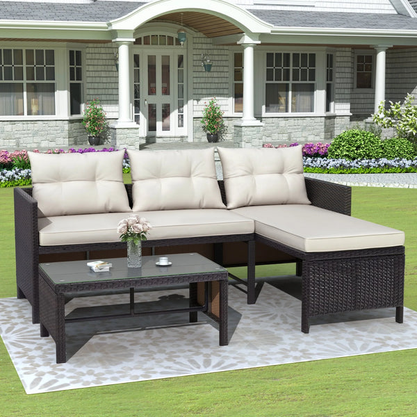 3 Pieces Patio Furniture Sectional Set, Outdoor Furniture Set with Two-Seater Sofa, Lounge Sofa, Table & Cushion, PE Rattan Wicker Bistro Set, Conversation Set for Garden, Backyard