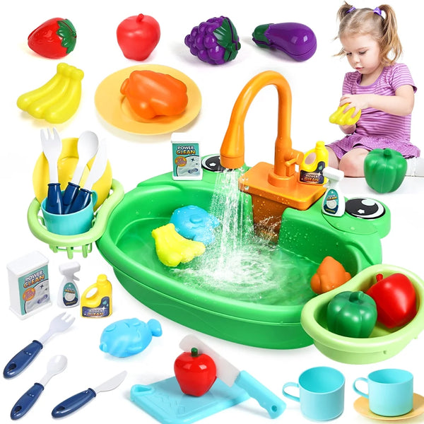 JoyStone Play Sink Toy, Pretend Play Kitchen Sink with Running Water, Play Dishes, Play Food and Other Accessories, Great Kitchen Gift for Kids