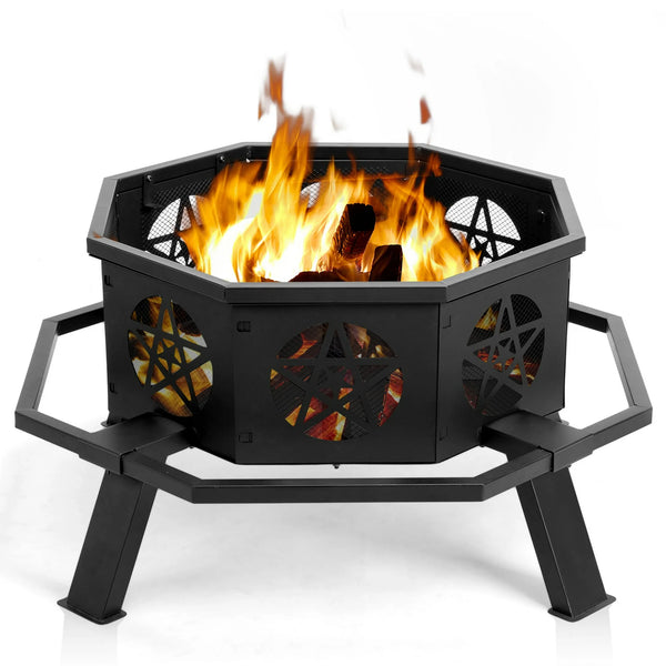 Fire Pit for Outside, 35" Outdoor Wood Burning Firepit with Fire Poker, Outer Ring, Patio Fireplace Octagon Metal Stove for Camping, Outdoor Heating, Bonfire and Picnic, BBQ Fire Pit, Black