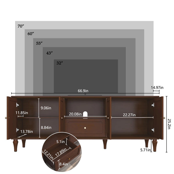 CBJCBJ 67" Mid-Century Modern TV Stand with Storage Doors & Drawers | Adjustable Shelves for 75" TVs | Living Room & Bedroom Media Console（BROWN)