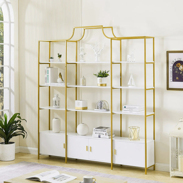 PORKISS 4 Tiers Bookcase Bookshelf with Storage, Modern Tall Display Storage Shelf with X-Bar Frame, Freestanding Etagere Bookcase for Living Room, Bedroom, Home Office, Gold/White