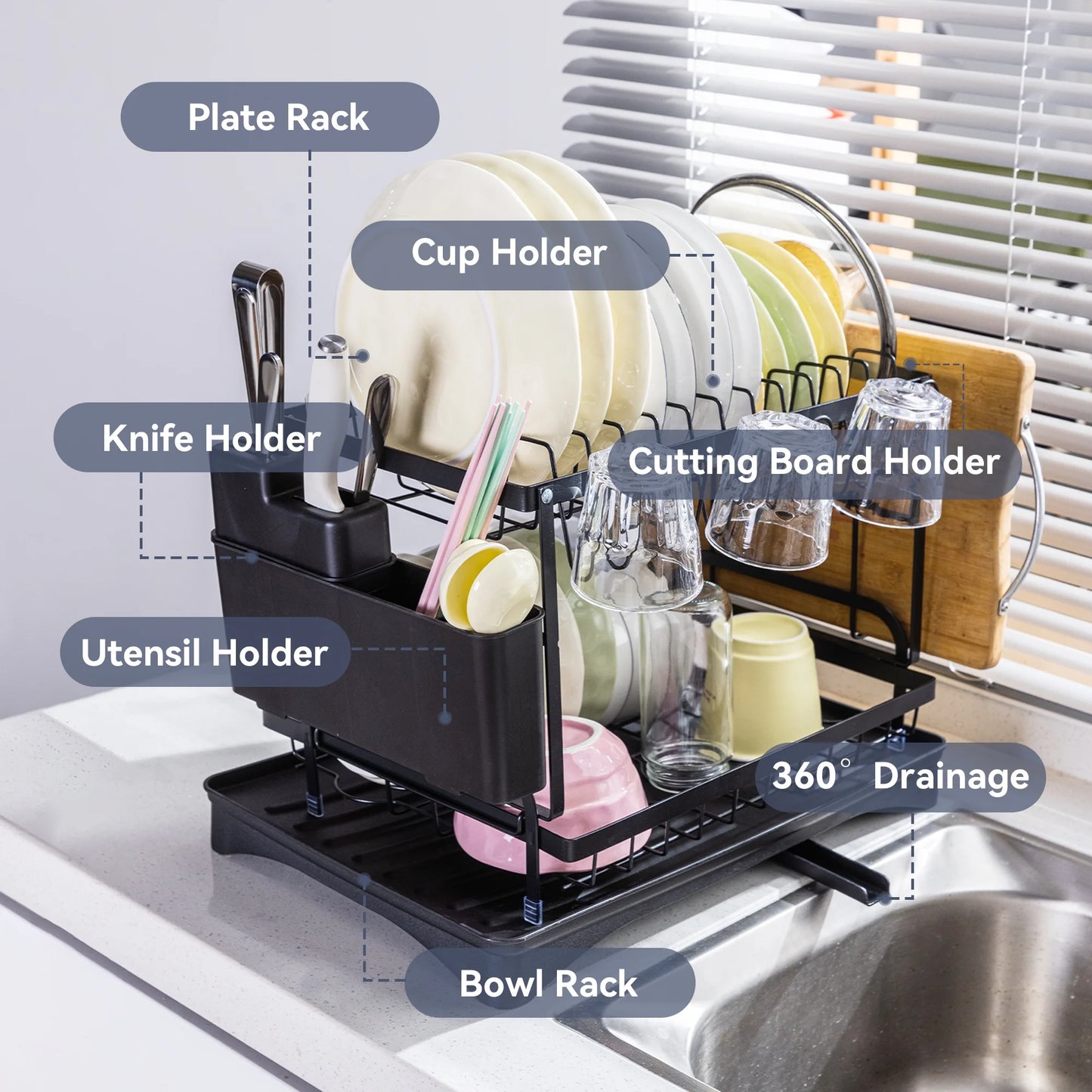 VUSIGN Metal 2-Tier Dish Drying Racks for Kitchen Counter and Sink, Dish Drying Rack with Utensil Holder, Cutting Board Holder, Black