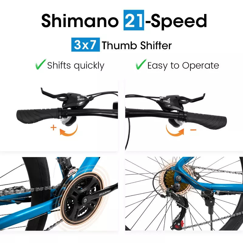 BestParts 700C Road Bike, 21-Speed Urban Commuter Bicycle, Lightweight Steel Frame with Disc Brakes, Wide Tires, for Men & Women, Black+Blue